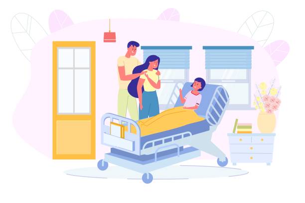 rodzice odwiedzający kochającą córkę na oddziale szpitalnym - hospital bed obrazy stock illustrations