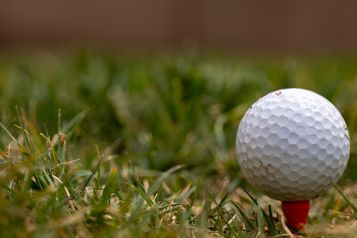 Golf ball on green grass in the evening golf course with sunshine in thailand