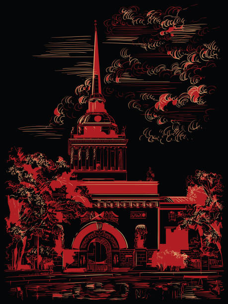 ilustrações de stock, clip art, desenhos animados e ícones de black and red vector hand drawing st petersburg 2 - famous place usa black background international landmark