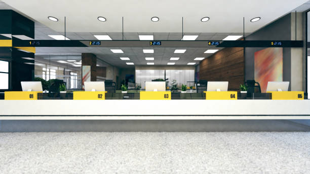 Customer stand large open space office 3D rendering Customer stand with digital counter in large open space office 3D rendering bank counter stock pictures, royalty-free photos & images