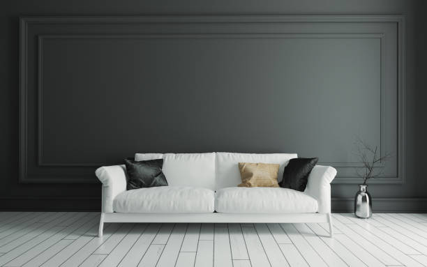 istock sofa on white wooden floor and classic frame wall realistic 3D rendering 1218450365