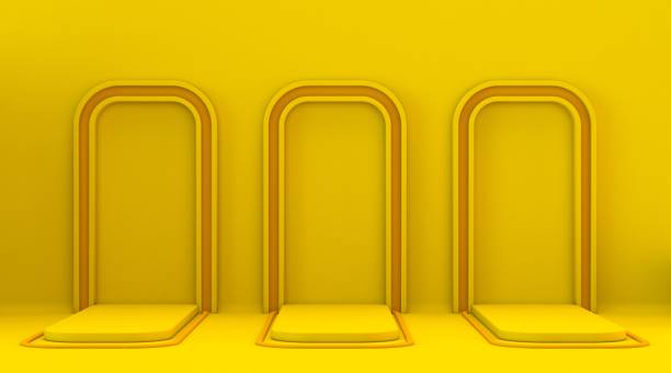 istock Three yellow orange mock up winner podium frame 3D 1218457104