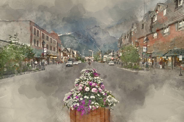 Banff, Alberta / Canada - 06/19/2015 Painterly converted image of Banff main street in Canada