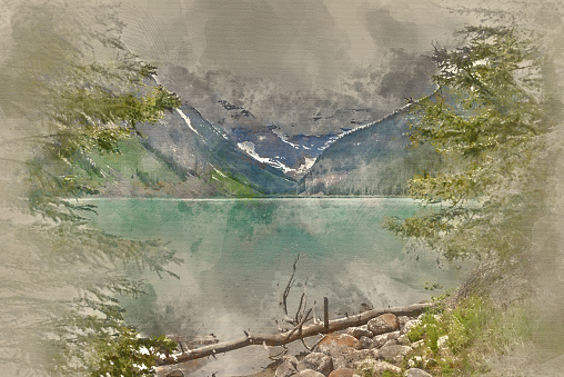 Banff, Alberta / Canada - 06/19/2015 Painterly converted image of the pristine Lake Louise in Canada