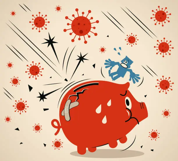 Vector illustration of Pandemic and the global economic impact of Coronavirus COVID-19, financial crisis and economic recession concept, scared man and a big cracked piggy bank