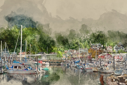 Ketchikan, Alaska / USA - 06/30/2015 Painterly converted image of a marina with boats and yachts