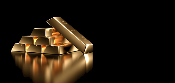 Pile of gold bars on a black background. Banking business concept. 3D rendering.