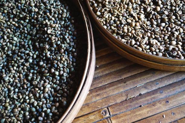 istock Off center round trays filled with dry coffee beans on worn bamboo table 1218480828