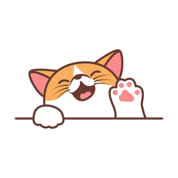 bildbanksillustrationer, clip art samt tecknat material och ikoner med söt katt viftande tass tecknad, vektor illustration - katt thai