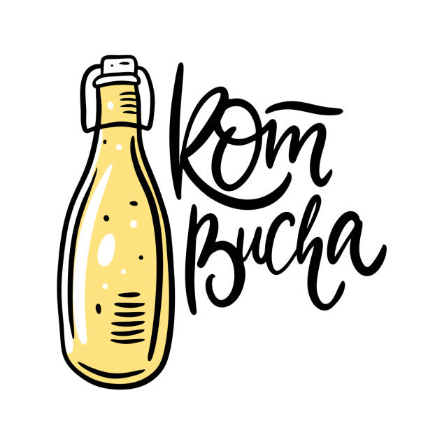 Kombucha tea in bottle. Summer drink. Flat style. Colorful cartoon vector illustration. Isolated on white background. Kombucha tea in bottle. Summer drink. Flat style. Colorful cartoon vector illustration. Isolated on white background. Design for menu cafe and bar. kombucha jar stock illustrations