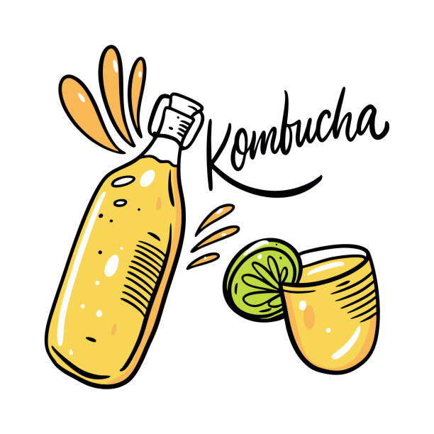 Kombucha tea in bottle and glass. Flat style. Colorful cartoon vector illustration. Isolated on white background. Kombucha tea in bottle and glass. Flat style. Colorful cartoon vector illustration. Isolated on white background. Design for menu cafe and bar. kombucha jar stock illustrations