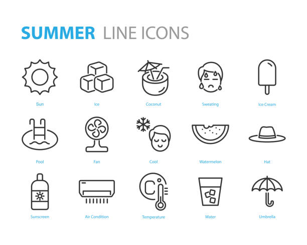set of summer icons, hot, ice cream, water, air condition, cool set of summer icons, hot, ice cream, water, air condition, cool ice icons stock illustrations