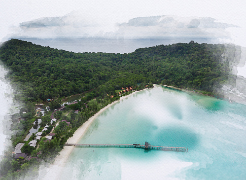 Aerial shoot of the clear blue sea water Koh Kood Island in Thailland,image water color by photoshop.