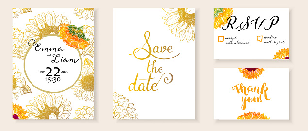 Vector wedding invitation set with Save the Date, RSVP and Thank You cards, suitable for hot foil stamping, with letteting and elegant watercolor flower drawings