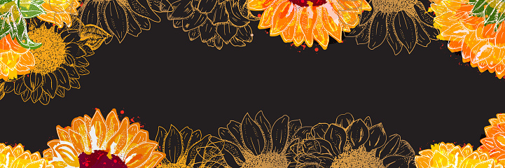 Vector panorama with watercolor sunflowers on a black background and a place for text