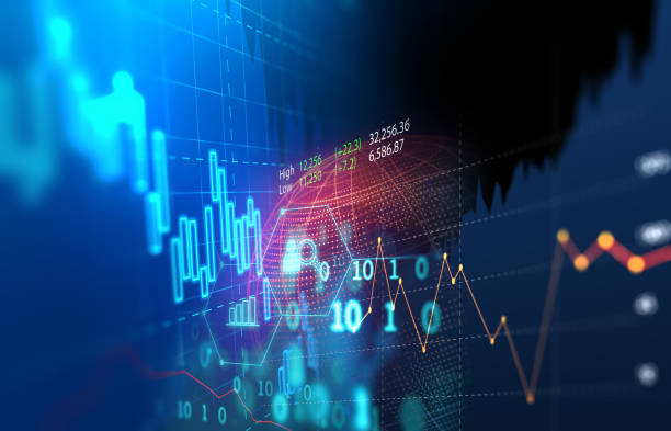 gráfico de inversión en el mercado bursátil con datos de indicador y volumen. - stock market stock ticker board stock market data finance fotografías e imágenes de stock