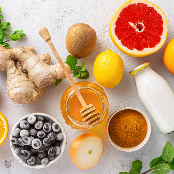 istock Set vegetables and fruits to boost immune system. Healthy products for Immunity boosting top view 1218487928