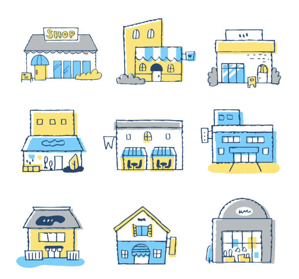 ilustrações, clipart, desenhos animados e ícones de conjunto de vários tipos de lojas - store downtown district building exterior facade