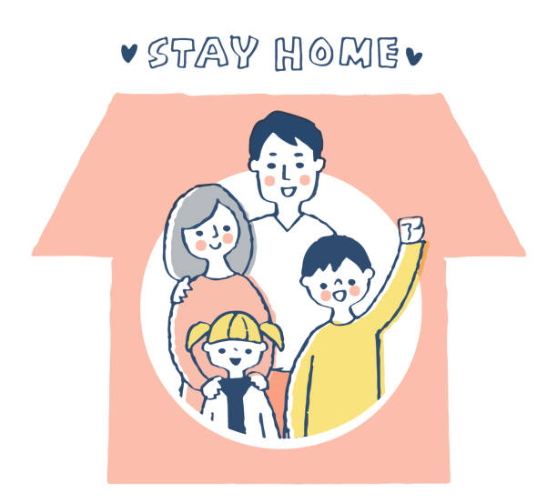 家の中で4人の笑顔の家族 - four people illustrations点のイラスト素材�／クリップアート素材／マンガ素材／アイコン素材
