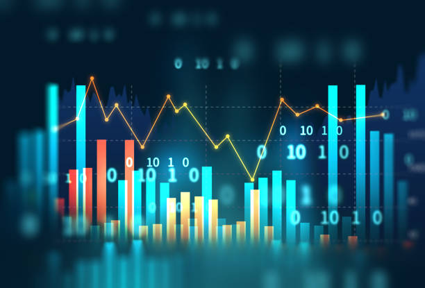 gráfico de inversión en el mercado bursátil con datos de indicador y volumen. - stock market stock ticker board stock market data finance fotografías e imágenes de stock