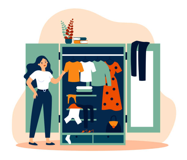 illustrazioni stock, clip art, cartoni animati e icone di tendenza di donna in piedi vicino all'armadio aperto e guardando gli abiti - women shoe fashion dress