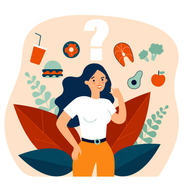 Cheerful woman thinking over her snack Cheerful woman thinking over her snack and choosing between junk and healthy food. Vector illustration for health, choice, diet, healthy vs unhealthy concept pics of a bewitched stock illustrations