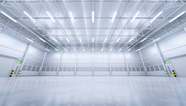 istock 3d rendering of empty warehouse building with concrete floor. 1218490849