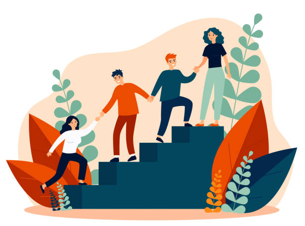 ilustrações de stock, clip art, desenhos animados e ícones de happy young employees giving support and help each other - escadas