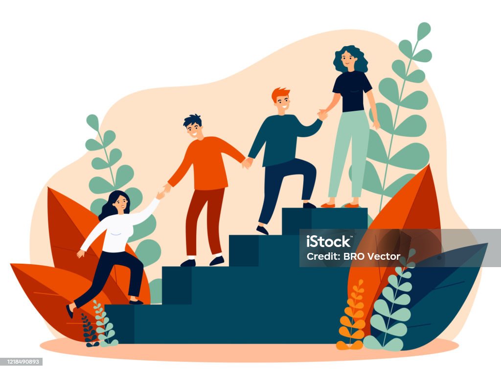 Happy young employees giving support and help each other Happy young employees giving support and help each other flat vector illustration. Business team working together for success and growing. Corporate relations and cooperation concept. Illustration stock vector