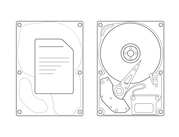 ilustrações de stock, clip art, desenhos animados e ícones de contour tech illustration of a hard drive with a top view and a cover on a white background. accessories for the computer. vector object - white background inside of hard drive computer part