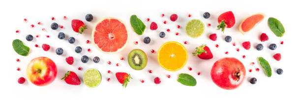 istock Fresh summer fruit panorama, a flat lay on a white background, vibrant food pattern, shot from the top 1218491676