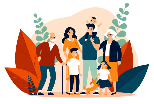Happy big family standing together flat vector illustration Happy big family standing together flat vector illustration. Grandma, grandpa, mom, dad, children, and pet. Smiling cartoon characters gathering in group. happy family stock illustrations