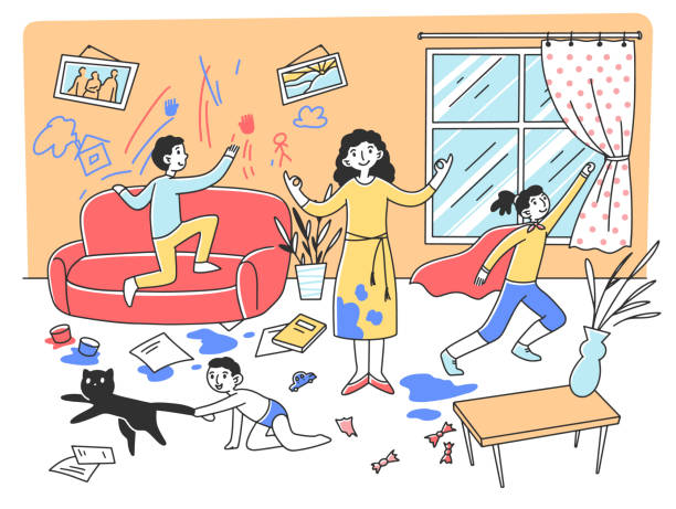 진정 어머니 명상 에 카오스 플랫 벡터 일러스트 - people living room mother son stock illustrations