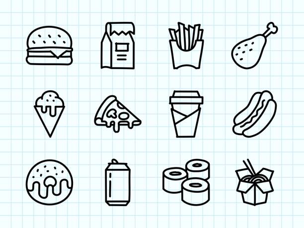 ilustraciones, imágenes clip art, dibujos animados e iconos de stock de take out food doodle drawing - hamburger refreshment hot dog bun