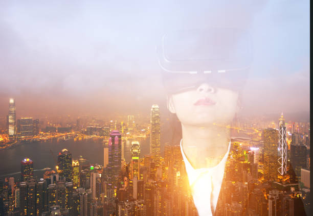 Multiple exposure of businesswoman using the virtual reality simulator.