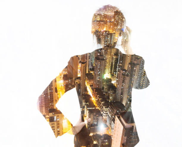 istock Multiple exposure of businesswoman using mobile phone 1218497457