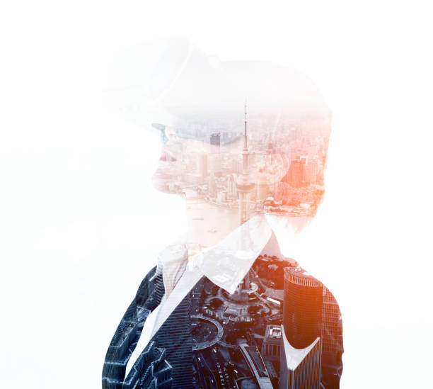 istock Multiple exposure of businesswoman using the virtual reality simulator 1218497518