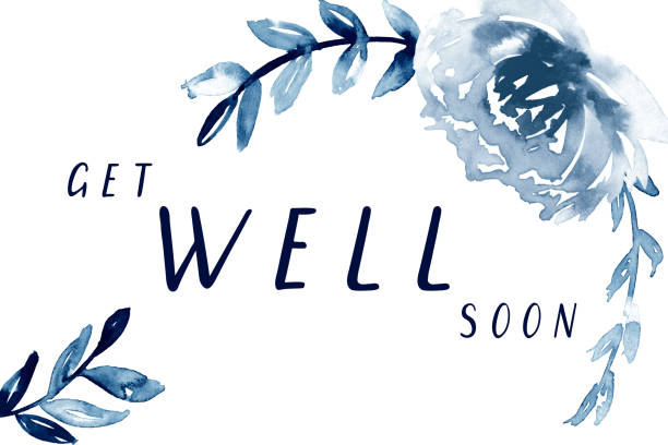 Get well soon card printable. Indigo blue watercolor floral frame. Hand-painted get well card template. get well soon stock illustrations