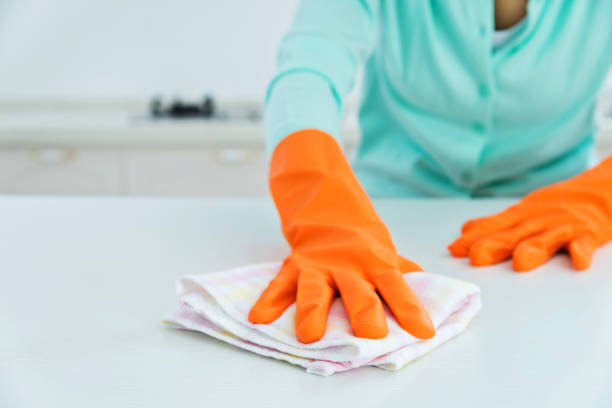 istock Woman cleaning the kitchen counter 1218497680
