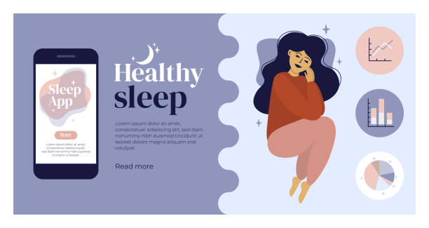 gesunde schlaf-design-vorlage mit schlafenden mädchen und mobile app - niedlich grafiken stock-grafiken, -clipart, -cartoons und -symbole