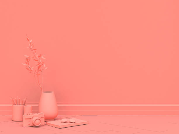 istock Empty pink wall with vase, notebook and pensil holder on parquet floor in single color, flat, solid monochrome pink room, 3d Rendering 1218498377