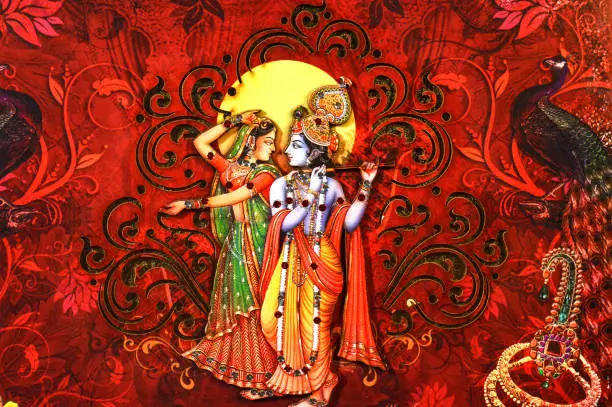 A art work of lord krishna with his lover radha on a paper radhe krishna