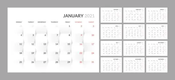 Vector illustration of Calendar for 2021 new year in clean minimal table simple style.