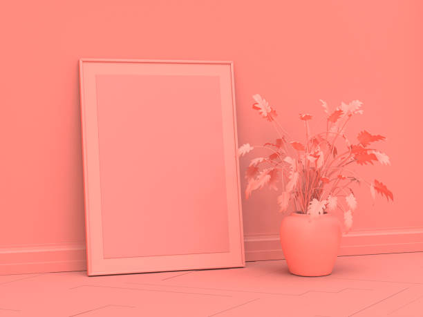 istock Flat single color Side view of vertical poster frame on the floor in a monochrome pink room, 3d Rendering 1218498607