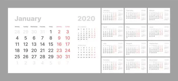 Vector illustration of Wall calendar template for 2021 year. Planner diary in a minimalist style. Week Starts on Monday. Set of 12 Months.