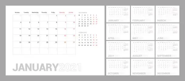 Vector illustration of Wall calendar template for 2021 year. Planner diary in a minimalist style. Week Starts on Monday. Set of 12 Months.