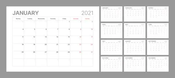 Vector illustration of Wall calendar template for 2021 year. Planner diary in a minimalist style. Week Starts on Monday. Set of 12 Months.