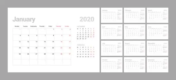 Vector illustration of Wall calendar template for 2021 year. Planner diary in a minimalist style. Week Starts on Monday. Set of 12 Months.