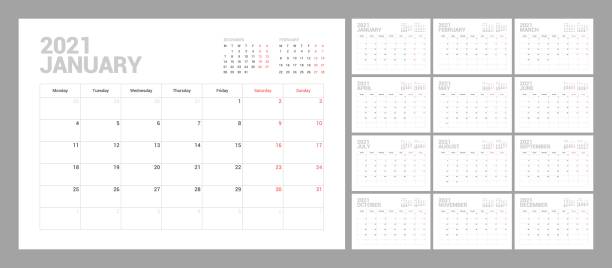 2021, calendar, planner, quarterly, year, horizontal, wall, vector, grid, monday, desktop, month, layout, template, print, march, date, calender, design, diary, graphic, desk, planer, july, minimal, october, organizer, simple, week, monthly, schedule, mod Wall calendar template for 2021 year. Planner diary in a minimalist style. Week Starts on Monday. Set of 12 Months. Ready for print. desk calendar february 2010 stock illustrations