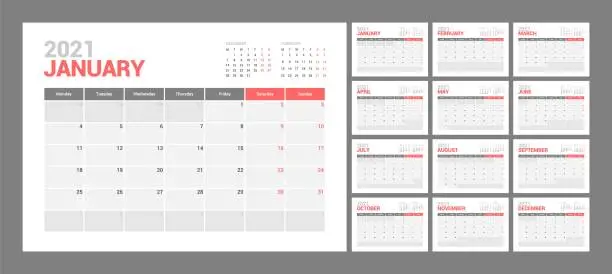 Vector illustration of 2021, calendar, planner, quarterly, year, horizontal, wall, vector, grid, monday, desktop, month, layout, template, print, march, date, calender, design, diary, graphic, desk, planer, july, minimal, october, organizer, simple, week, monthly, schedule, mod